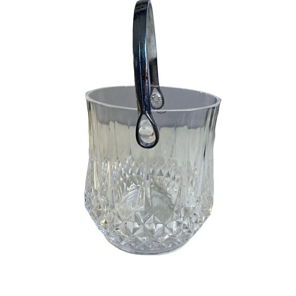Vintage Heavy Lead Crystal Glass Ice Bucket Silver Tone Handle 5.5